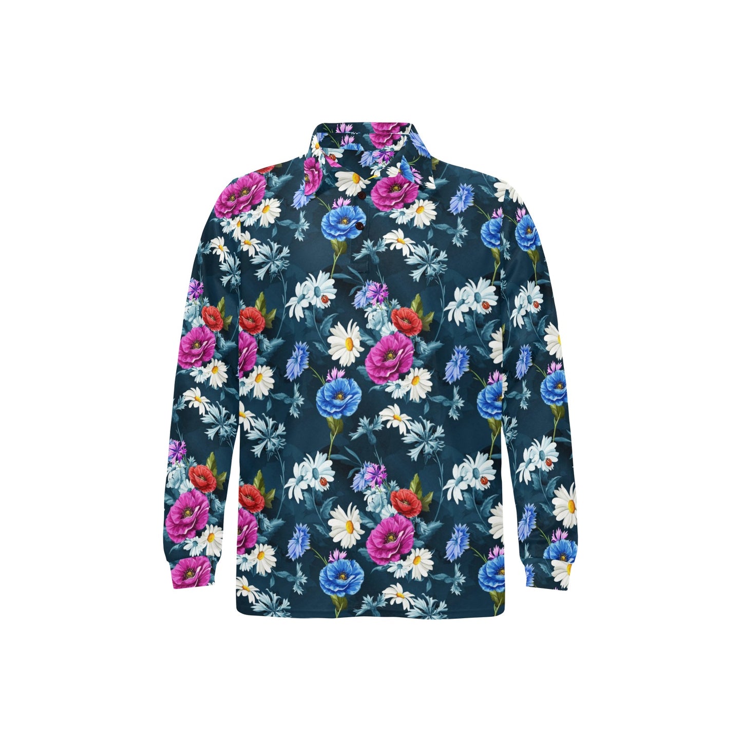 Floral Blue Themed Print Long Sleeve Polo Shirt For Men's