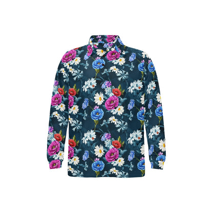 Floral Blue Themed Print Long Sleeve Polo Shirt For Men's