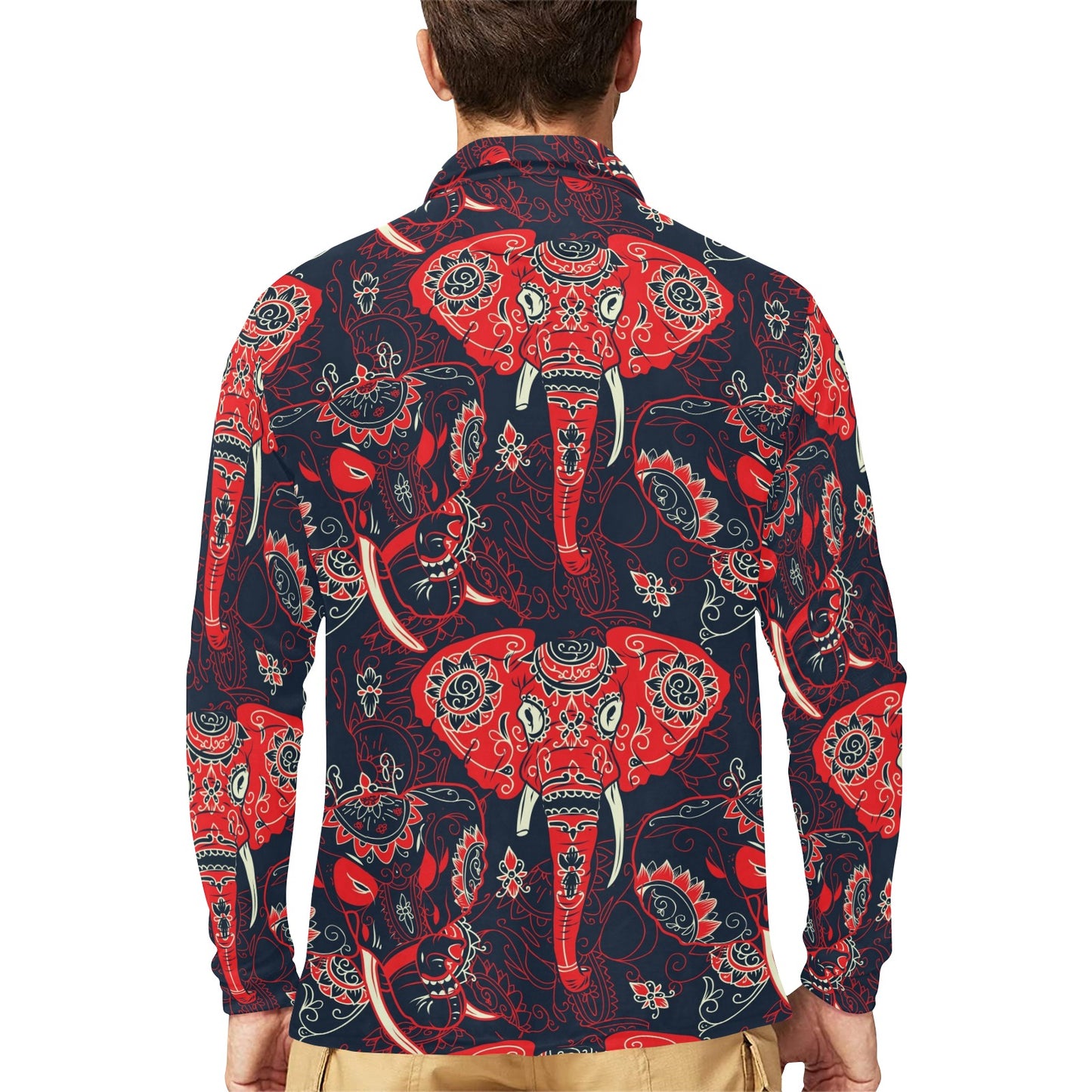 Red Indian Elephant Pattern Long Sleeve Polo Shirt For Men's