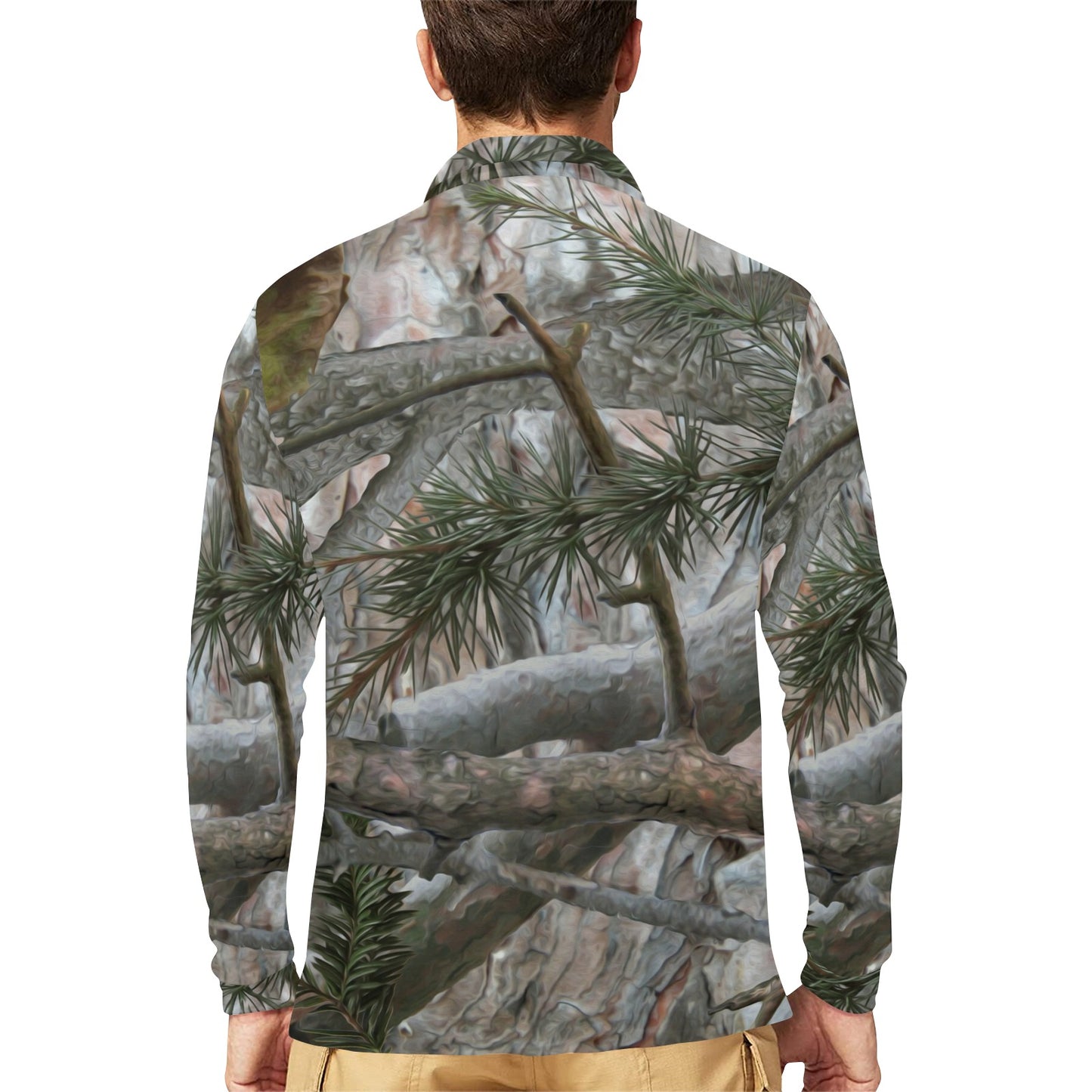 Camo Realistic Tree Forest Pattern Long Sleeve Polo Shirt For Men's