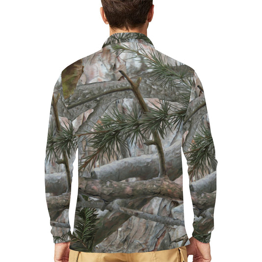 Camo Realistic Tree Forest Pattern Long Sleeve Polo Shirt For Men's
