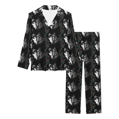 Wolf Black Dream Catcher Design Print Women's Long Pajama Set