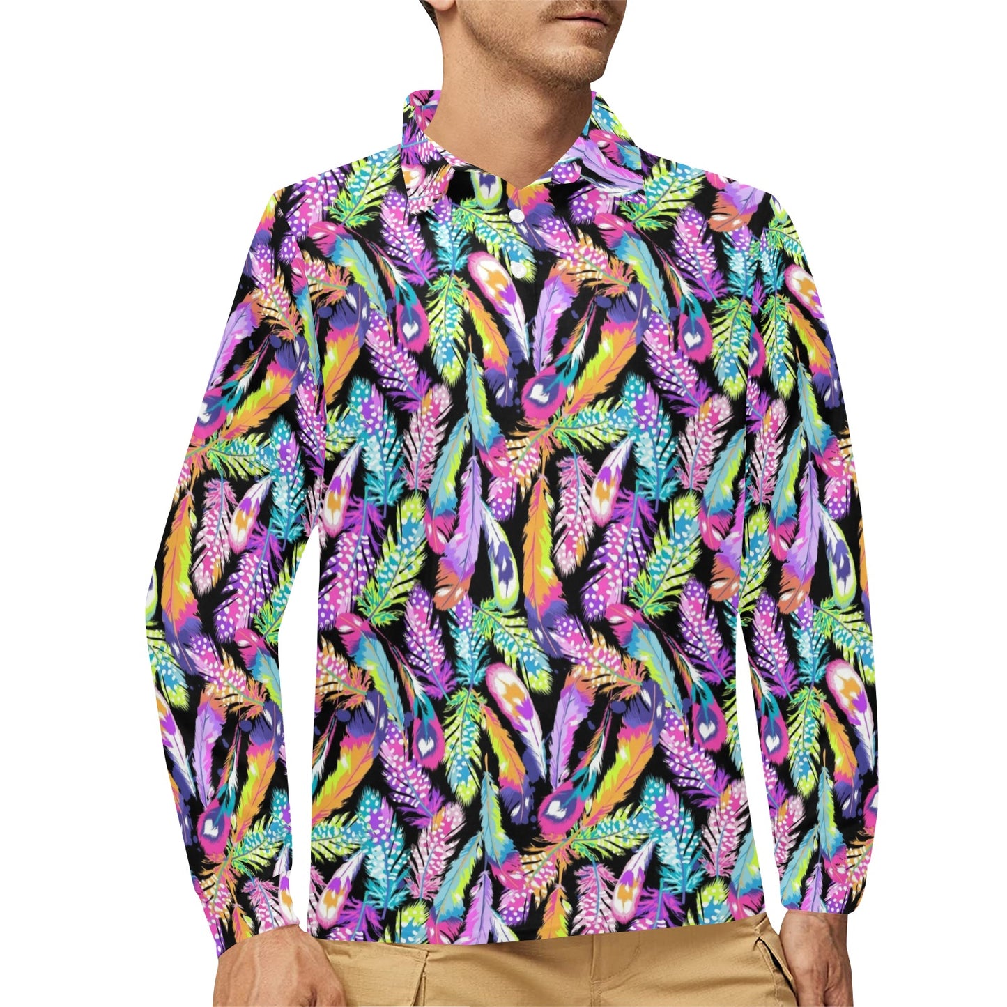 Neon Feather Pattern Print Design A02 Long Sleeve Polo Shirt For Men's