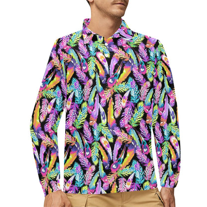 Neon Feather Pattern Print Design A02 Long Sleeve Polo Shirt For Men's