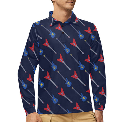 Electric Guitar Pattern Print Design 01 Long Sleeve Polo Shirt For Men's