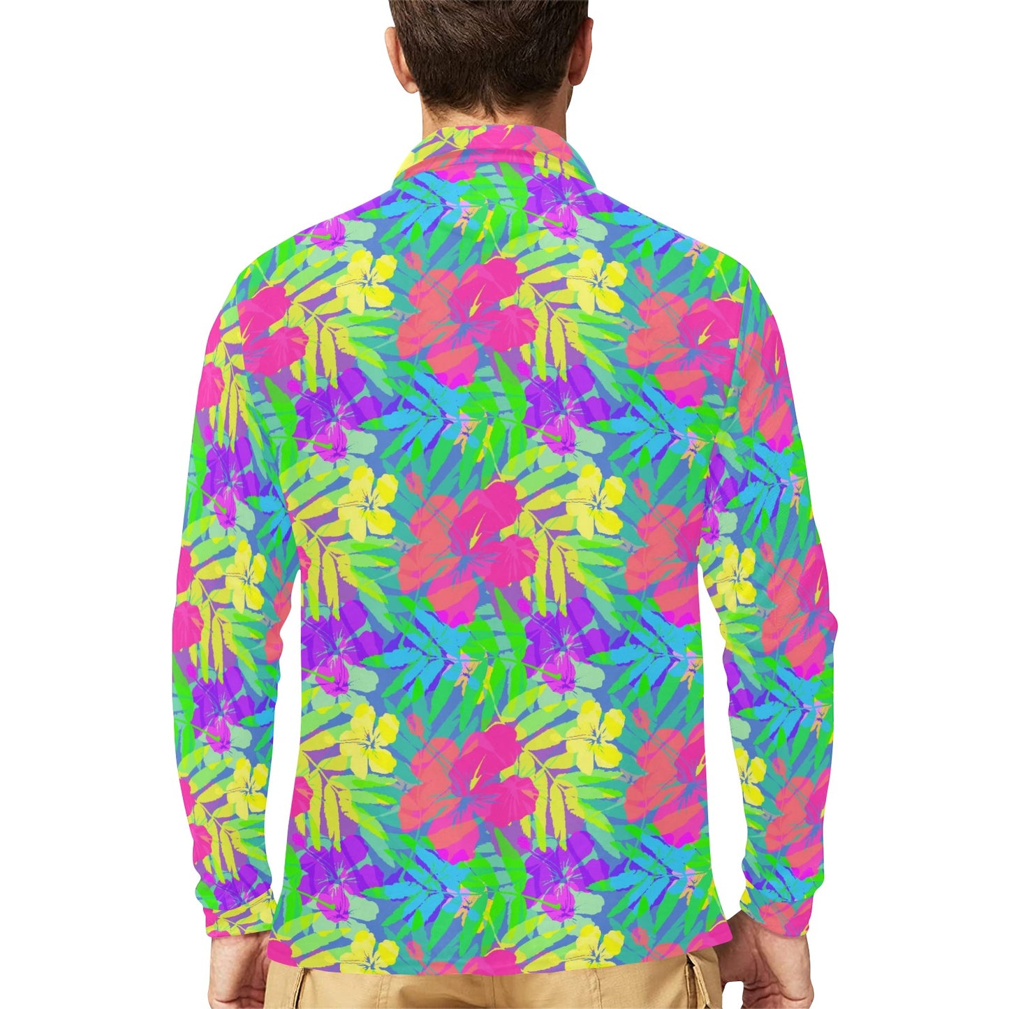 Neon Tropical Pattern Print Design A03 Long Sleeve Polo Shirt For Men's