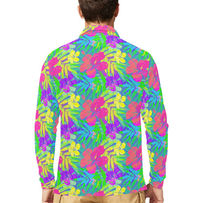 Neon Tropical Pattern Print Design A03 Long Sleeve Polo Shirt For Men's
