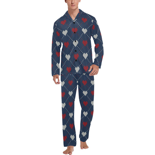 Heart Knit Pattern Print Design HE05 Men's Long Pajama Set