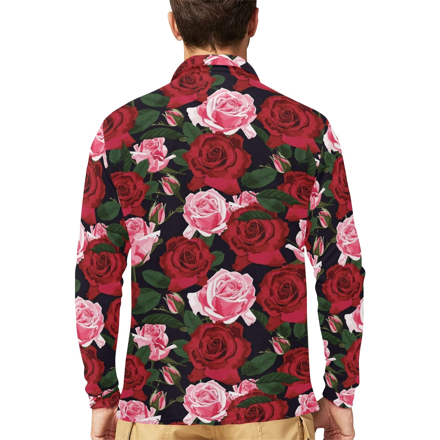 Rose Red Pink Pattern Print Design RO01 Long Sleeve Polo Shirt For Men's
