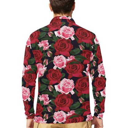 Rose Red Pink Pattern Print Design RO01 Long Sleeve Polo Shirt For Men's