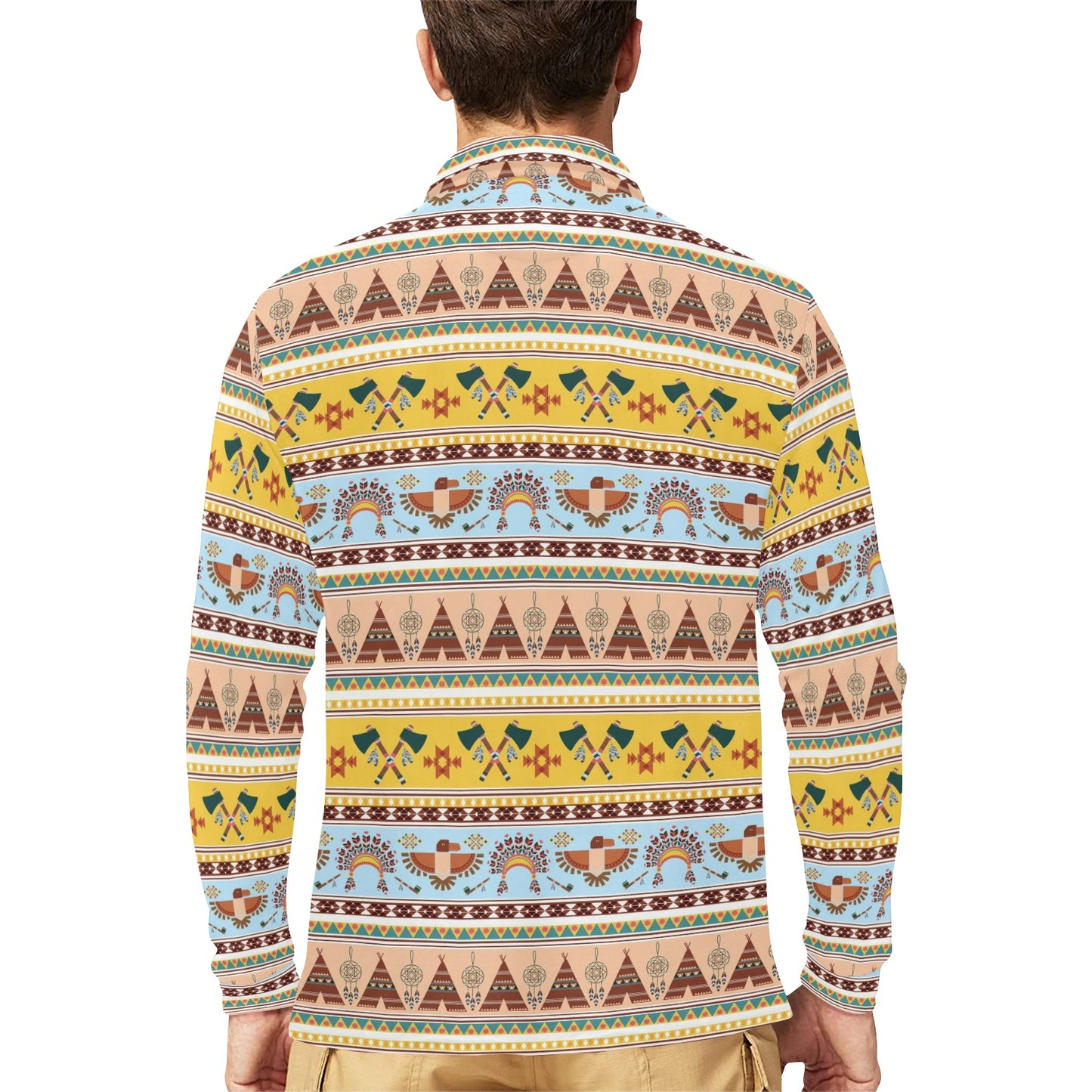 Native American Pattern Design Print Long Sleeve Polo Shirt For Men's