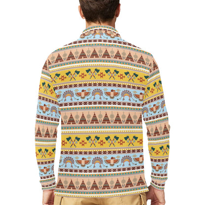 Native American Pattern Design Print Long Sleeve Polo Shirt For Men's