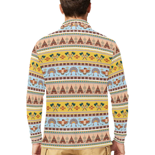 Native American Pattern Design Print Long Sleeve Polo Shirt For Men's