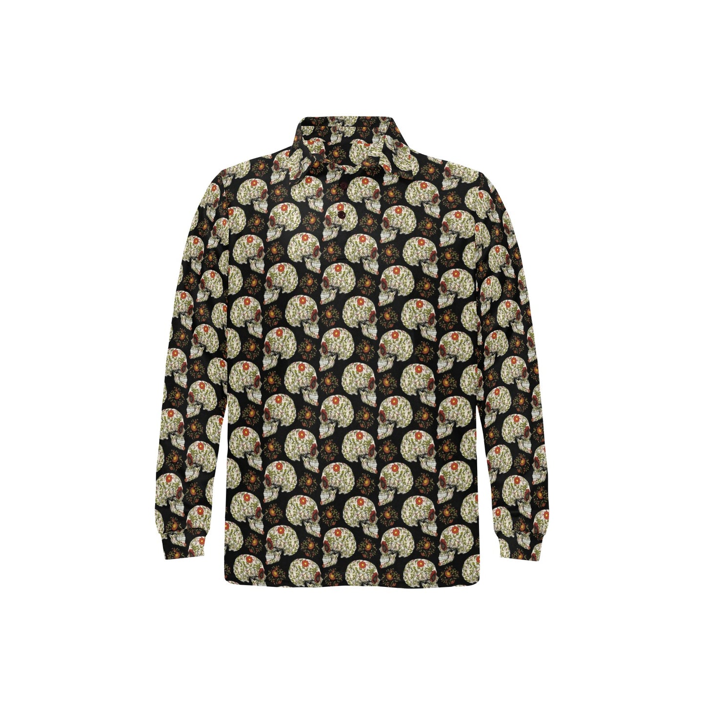Sugar Skull Flower Design Themed Print Long Sleeve Polo Shirt For Men's