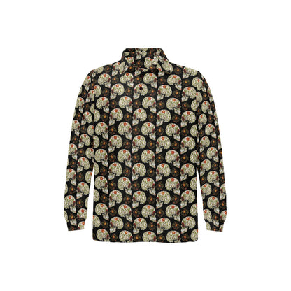 Sugar Skull Flower Design Themed Print Long Sleeve Polo Shirt For Men's