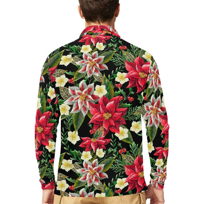 Poinsettia Pattern Print Design POT05 Long Sleeve Polo Shirt For Men's
