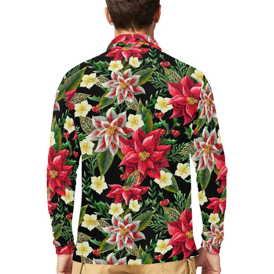 Poinsettia Pattern Print Design POT05 Long Sleeve Polo Shirt For Men's