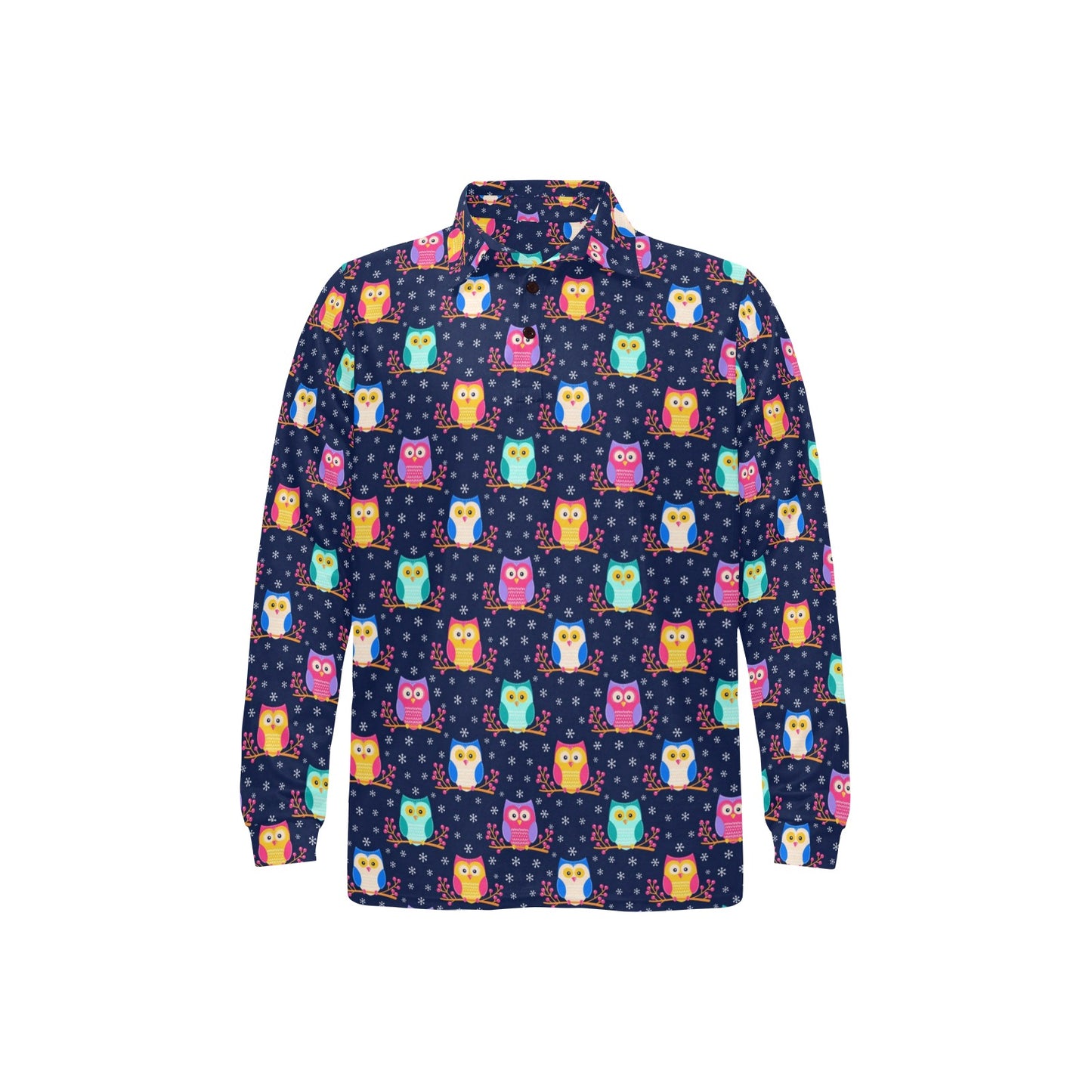 Owl Cute Themed Design Print Long Sleeve Polo Shirt For Men's