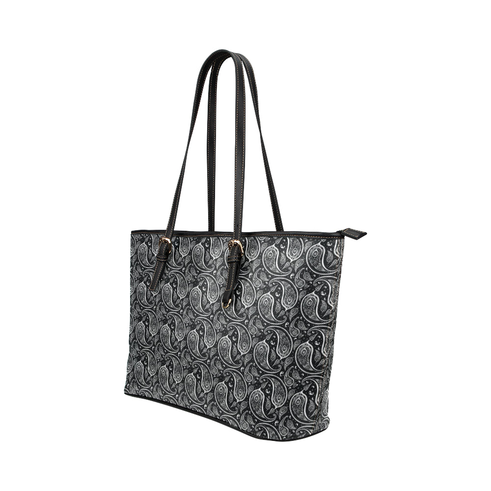 Paisley Black Design Print Leather Tote Bag