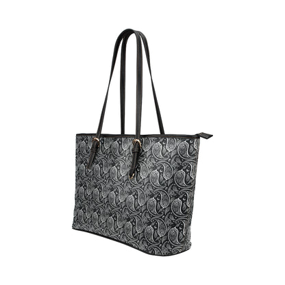Paisley Black Design Print Leather Tote Bag