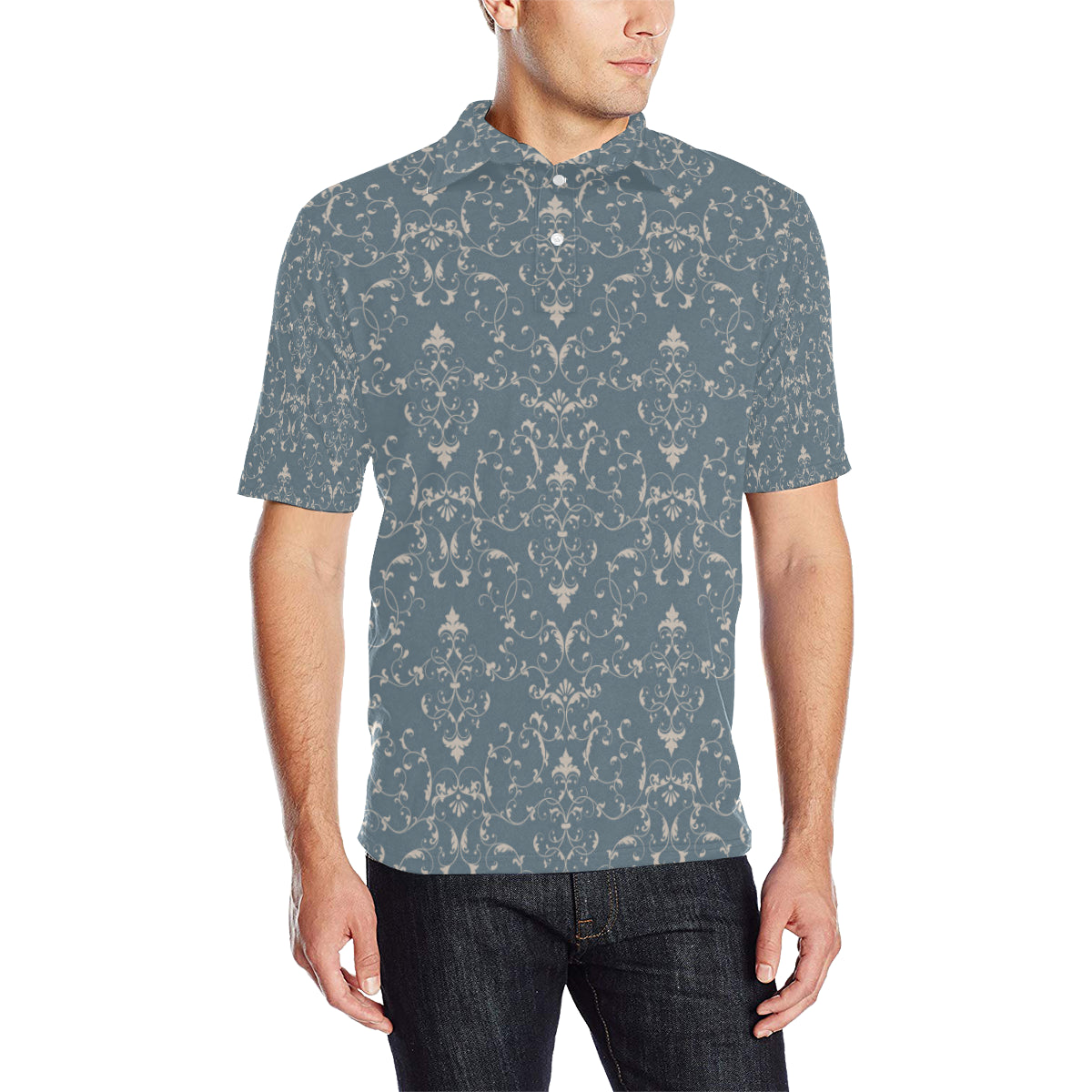 Damask Elegant Teal Print Pattern Men Polo Shirt