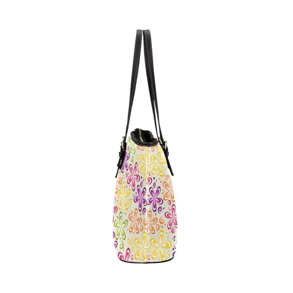 Flower Power Colorful Design Print Leather Tote Bag