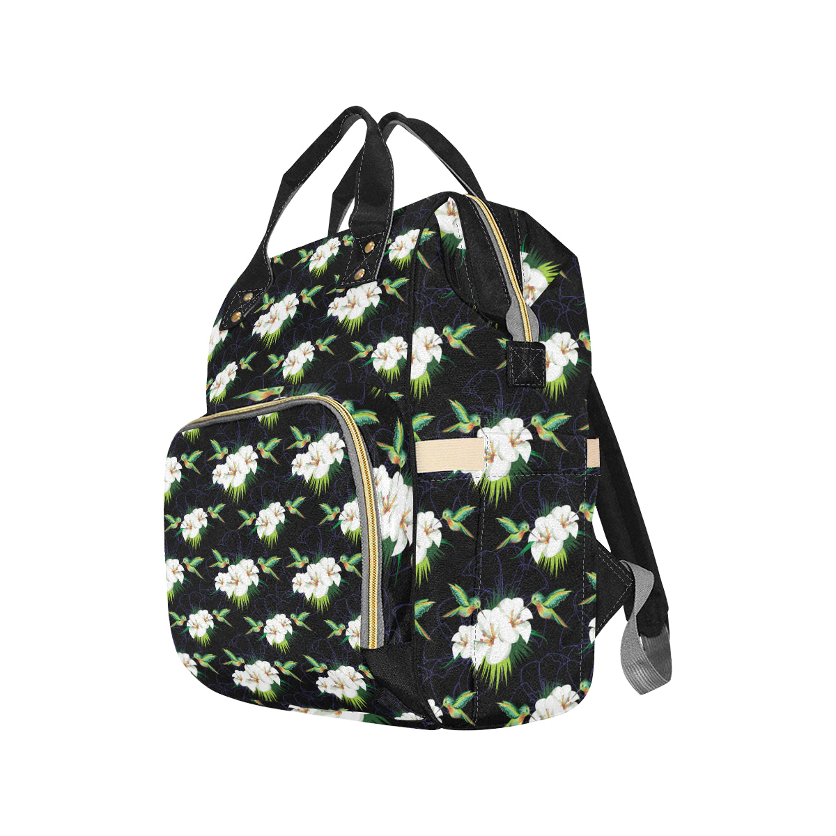 Hummingbird with Flower Pattern Print Design 03 Diaper Bag Backpack