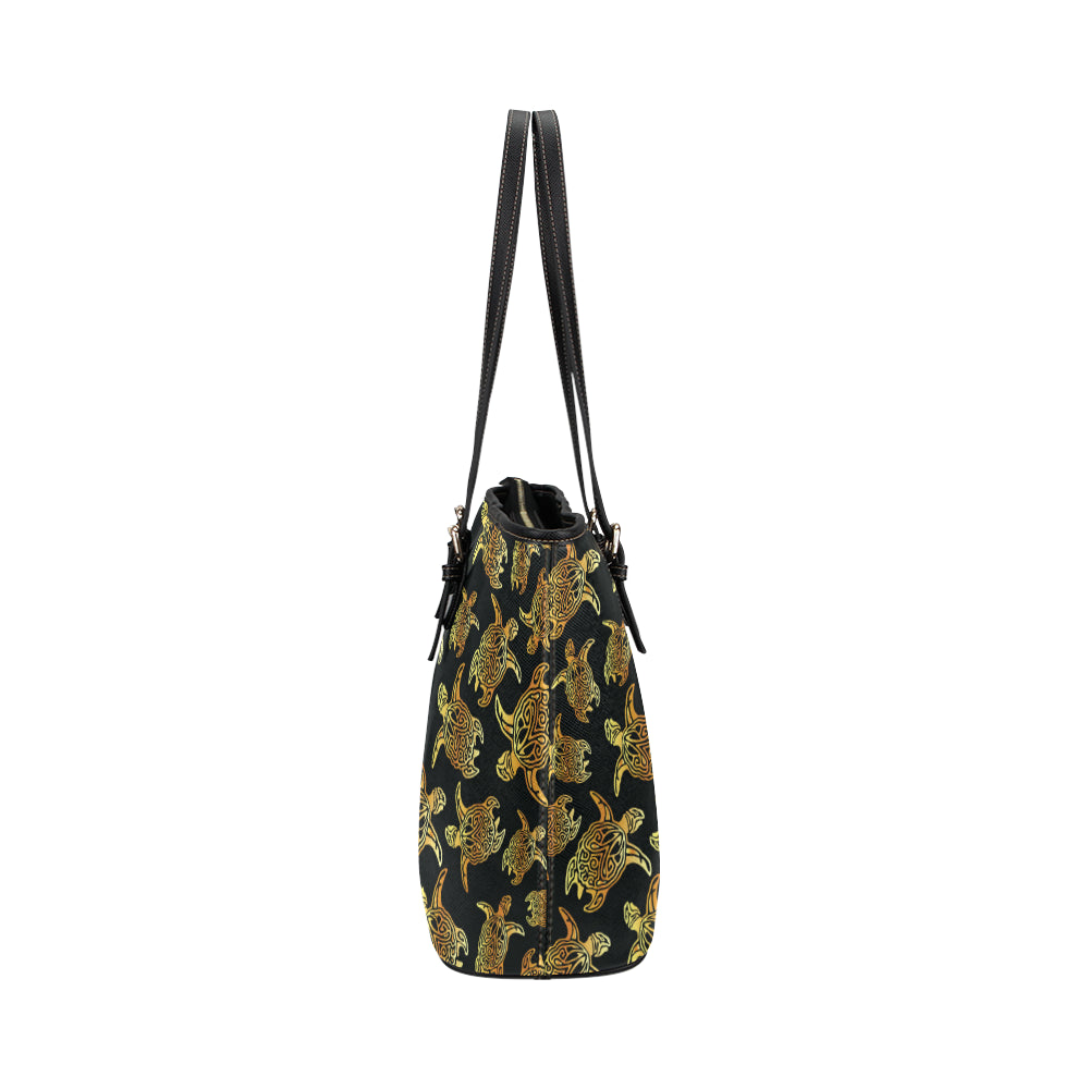 Gold Tribal Turtle Polynesian Themed Leather Tote Bag