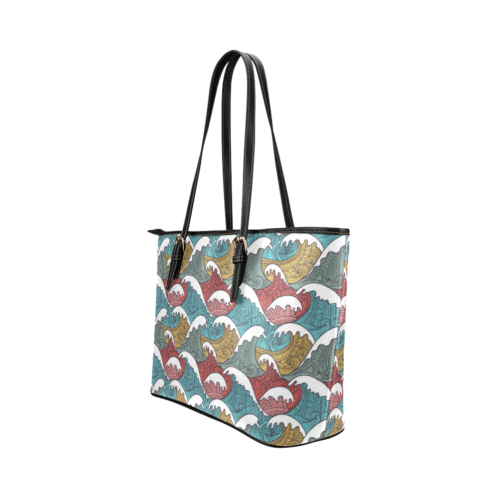 Tribal Wave Pattern Print Leather Tote Bag