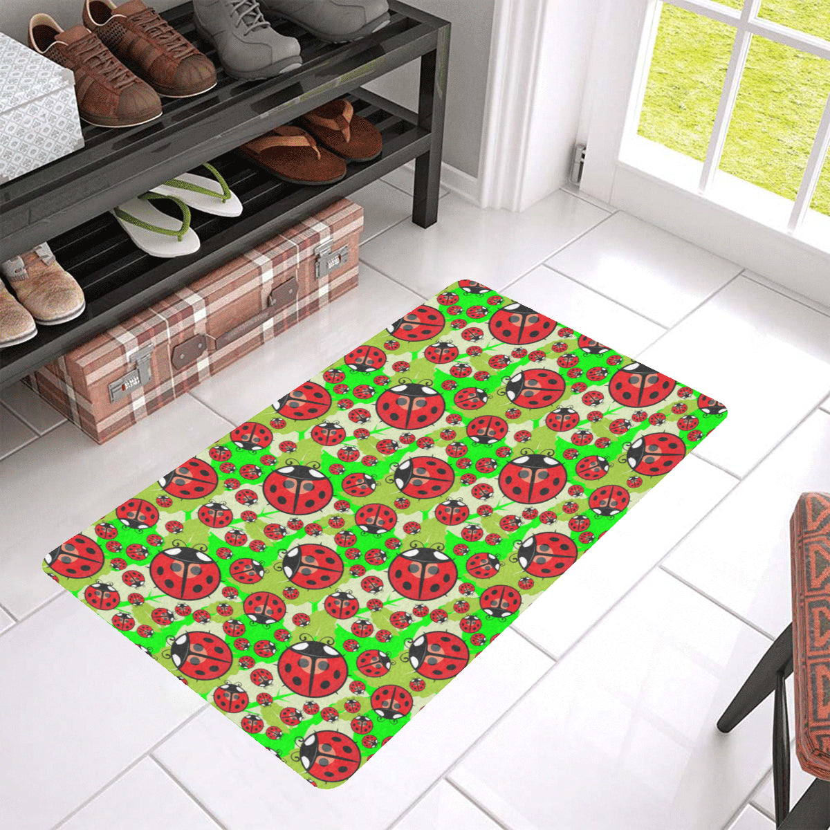 Ladybug with Leaf Print Pattern Rubber Doormat