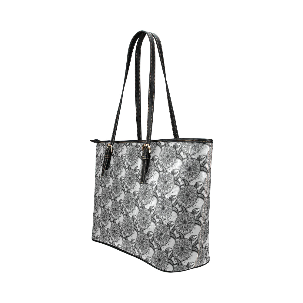 Tribal Turtle Polynesian Themed Print Leather Tote Bag