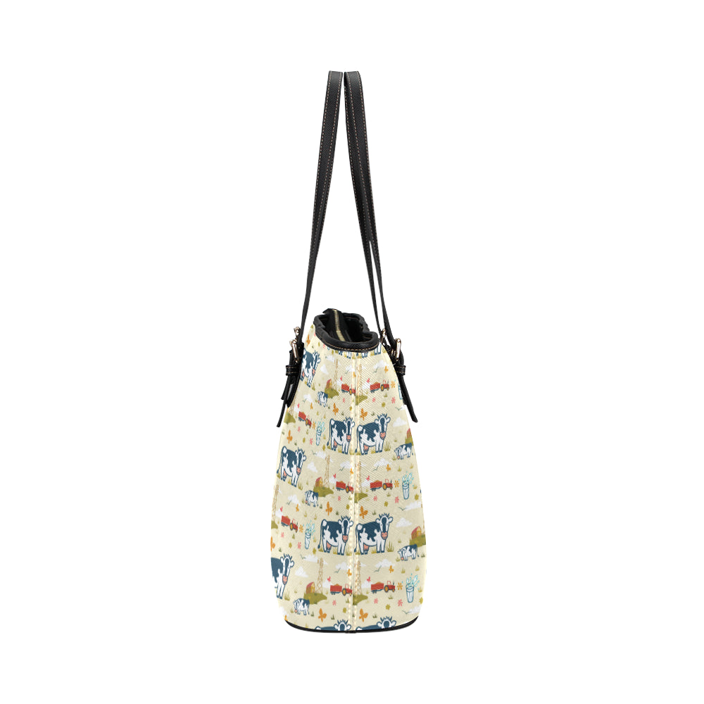 Cow Farm Design Print Leather Tote Bag