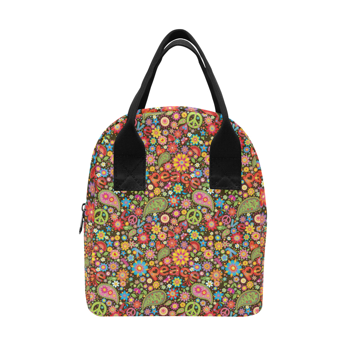 Flower Power Peace Paisley Themed Print Insulated Lunch Bag