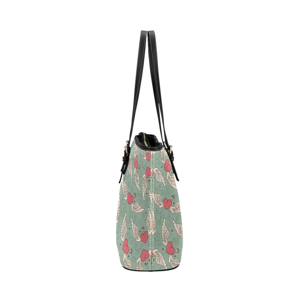 Angel Wings Heart Design Themed Print Leather Tote Bag