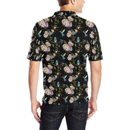 Hummingbird Flower Themed Print Men Polo Shirt