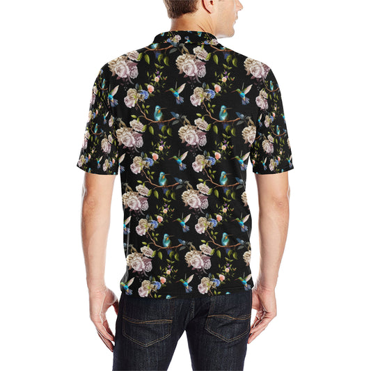 Hummingbird Flower Themed Print Men Polo Shirt