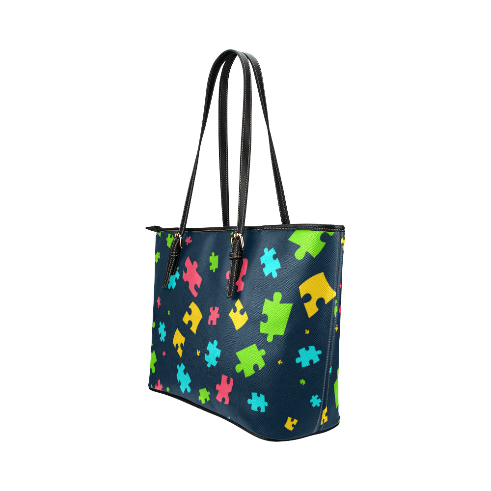 Autism Awareness Colorful Design Print Leather Tote Bag
