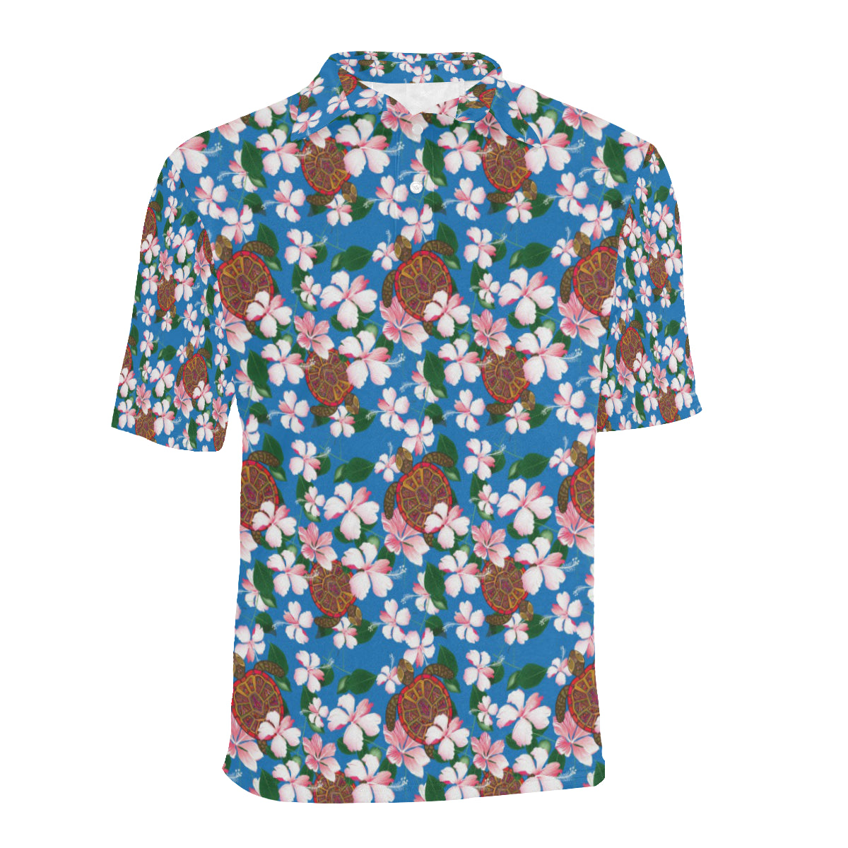 Sea Turtle Pink Hibiscus Hawaiian Print Men Polo Shirt
