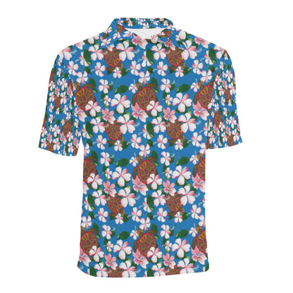 Sea Turtle Pink Hibiscus Hawaiian Print Men Polo Shirt