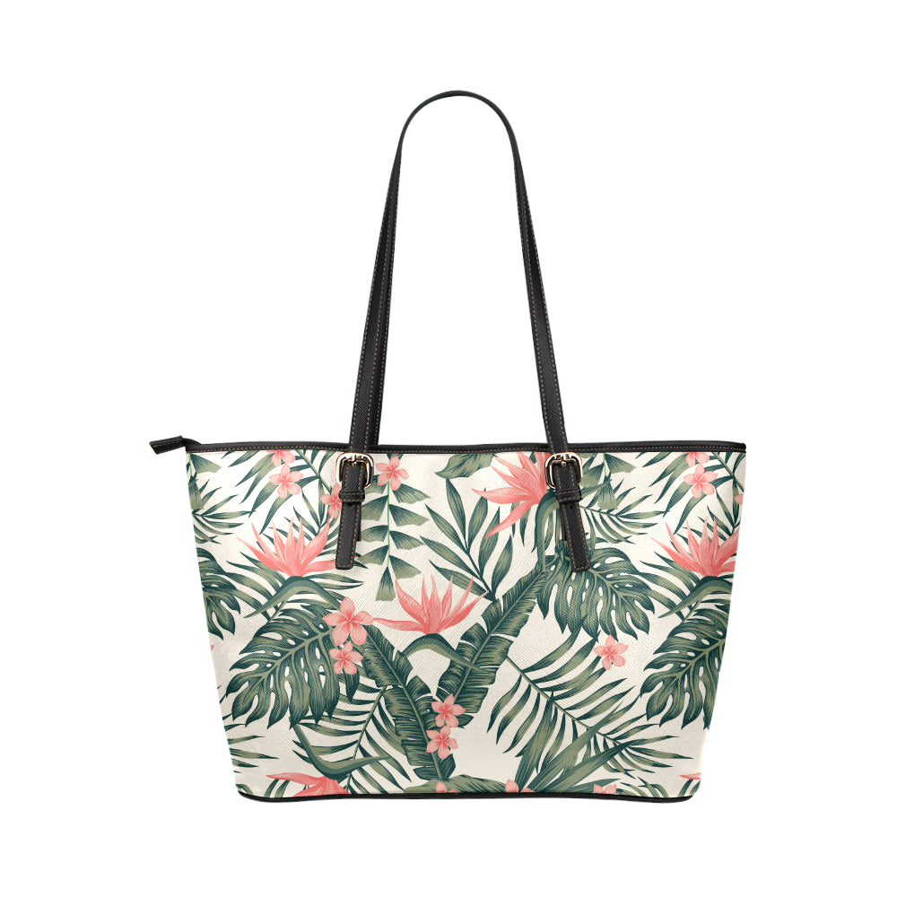 Tropical Flower Palm Leaves Leather Tote Bag