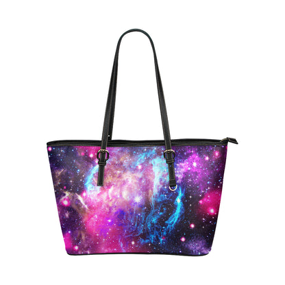 Galaxy Night Purple Space Print Leather Tote Bag