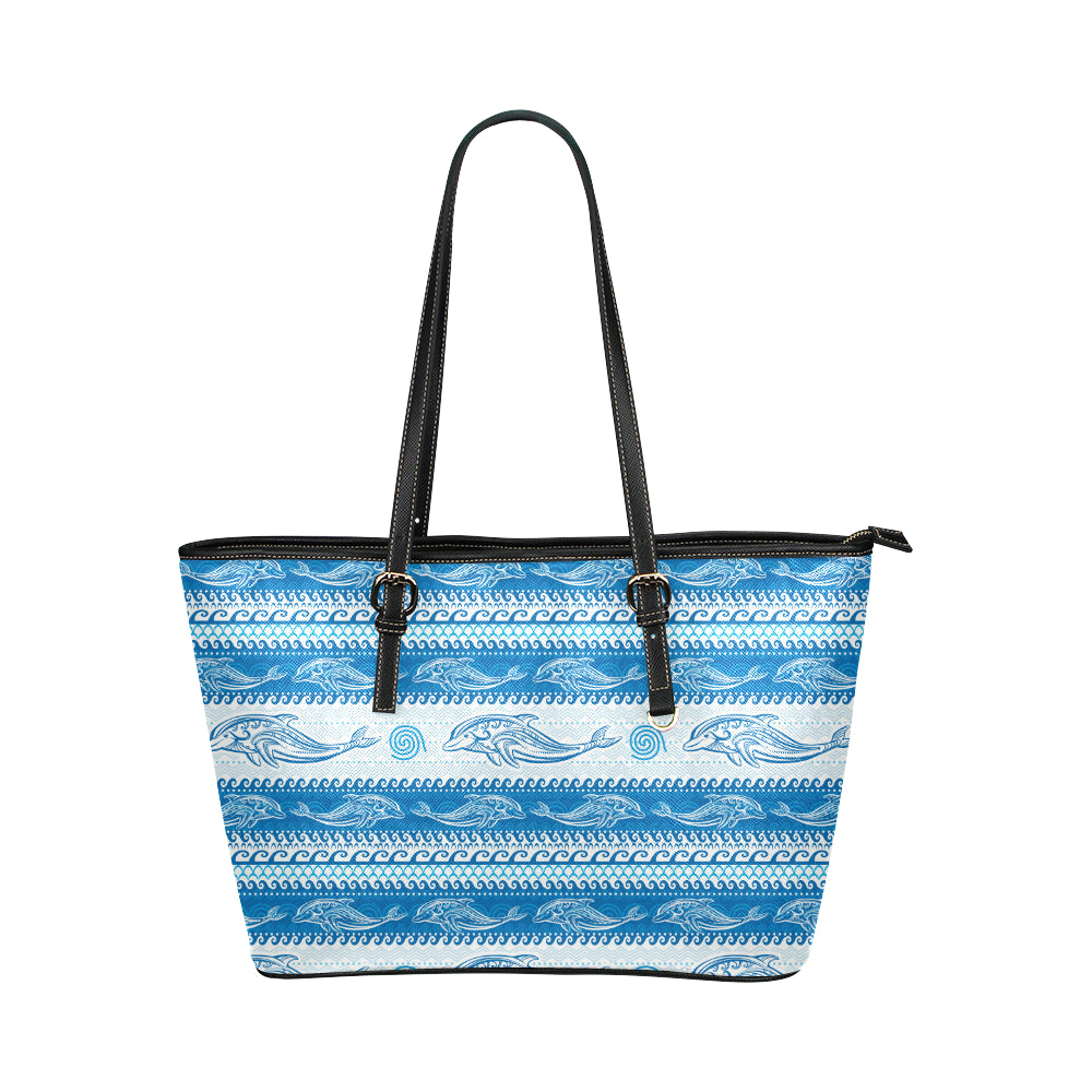 Dolphin Tribal Print Pattern Leather Tote Bag