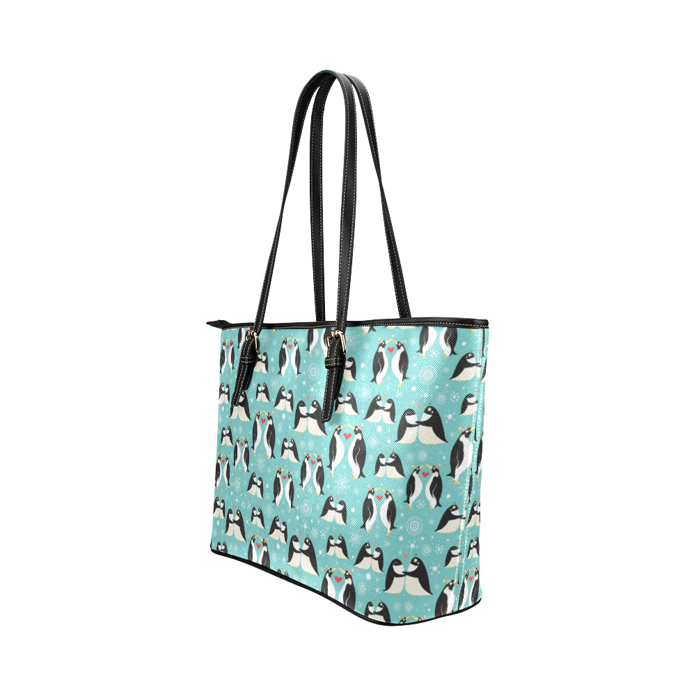 Penguin Love Print Leather Tote Bag