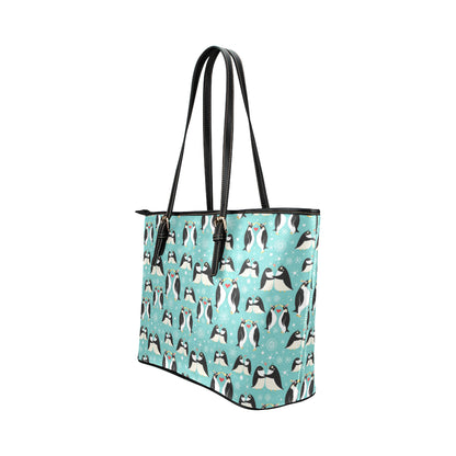 Penguin Love Print Leather Tote Bag