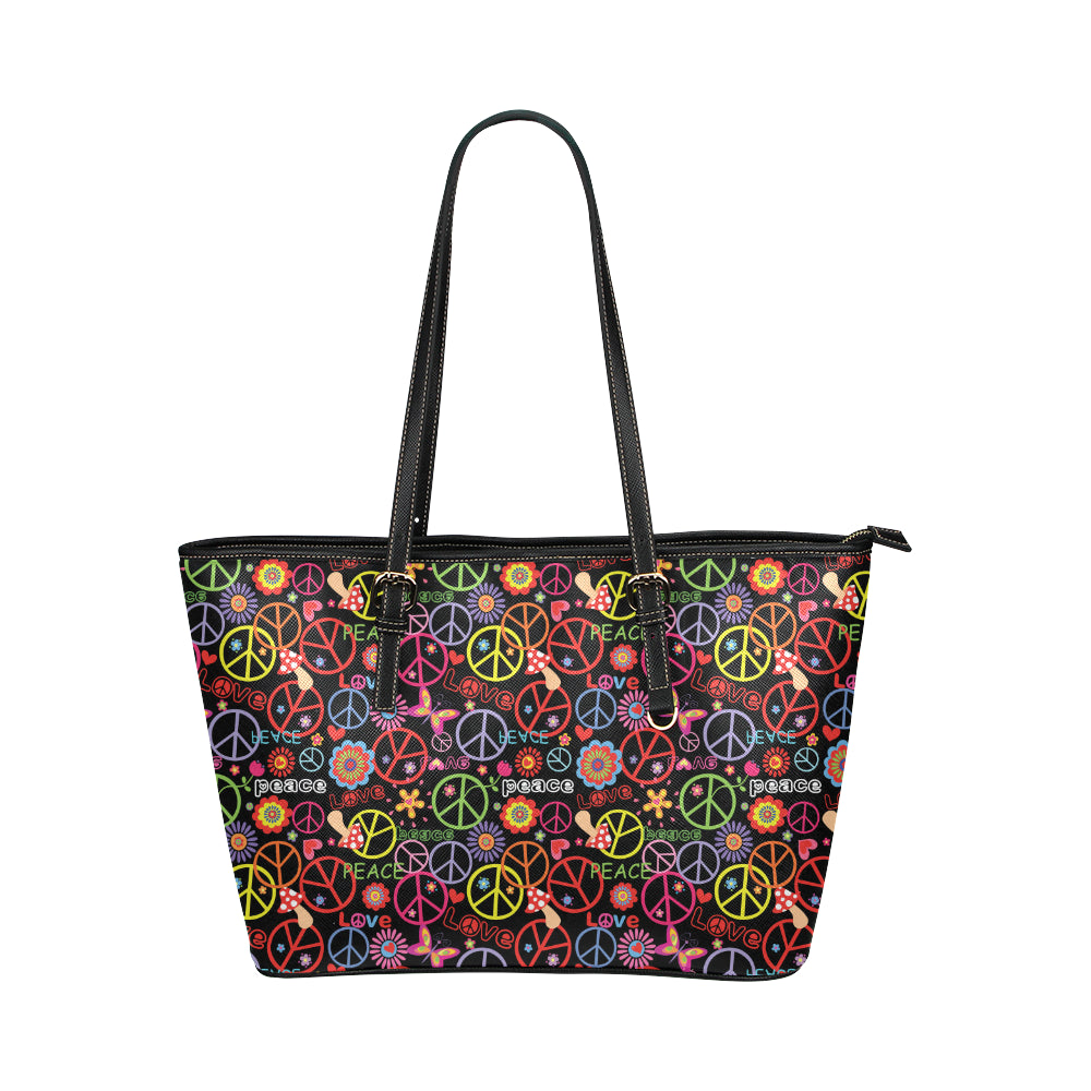 Peace Sign Colorful Design Print Leather Tote Bag