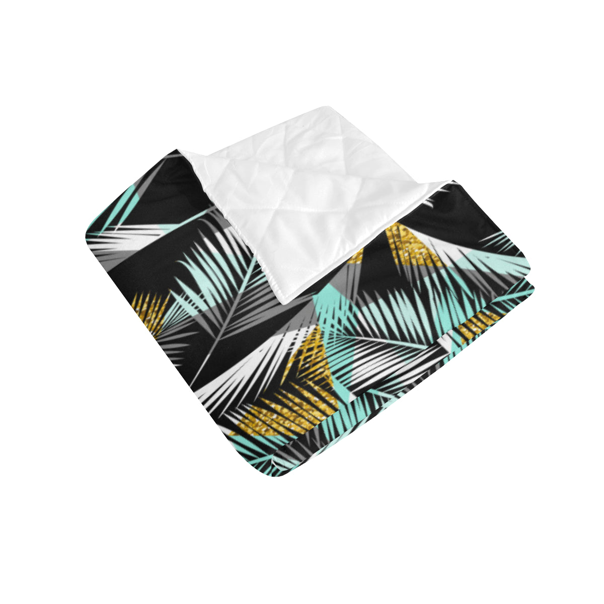 Gold Glitter Cyan Tropical Palm Leaves Premium Quilt