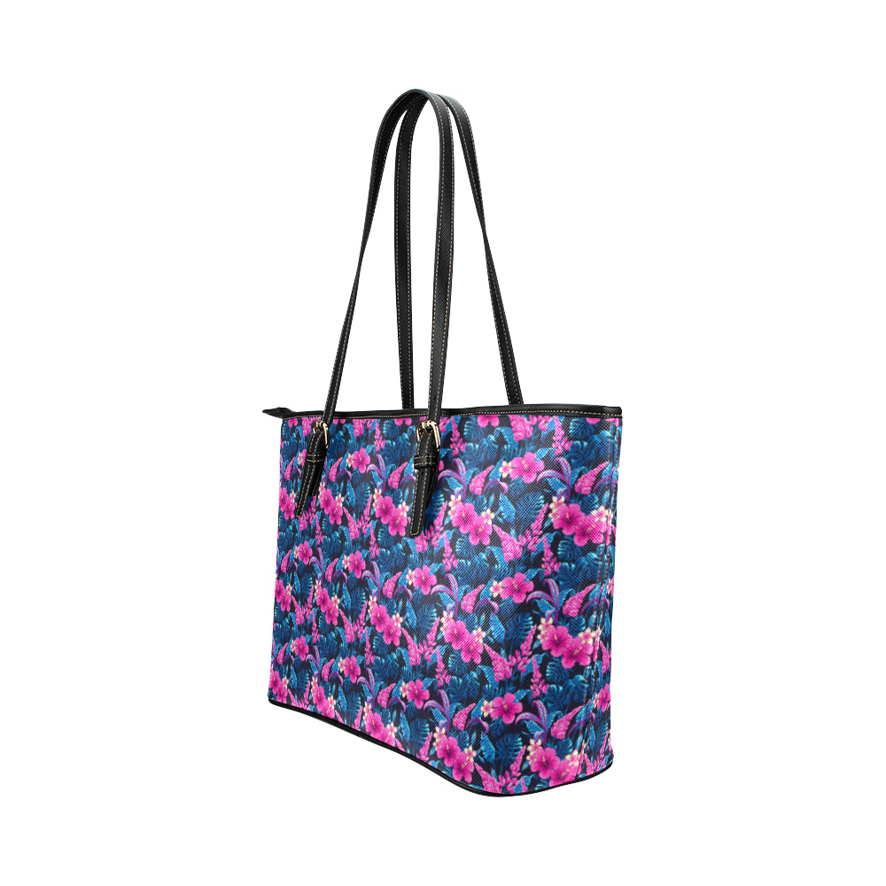 Tropical Folower Pink Themed Print Leather Tote Bag
