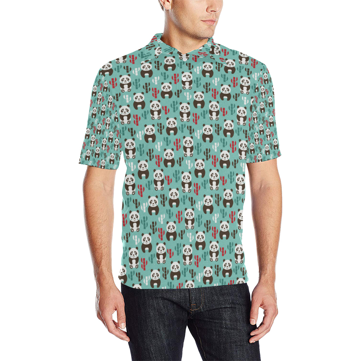 Panda Bear Cute Themed Print Men Polo Shirt