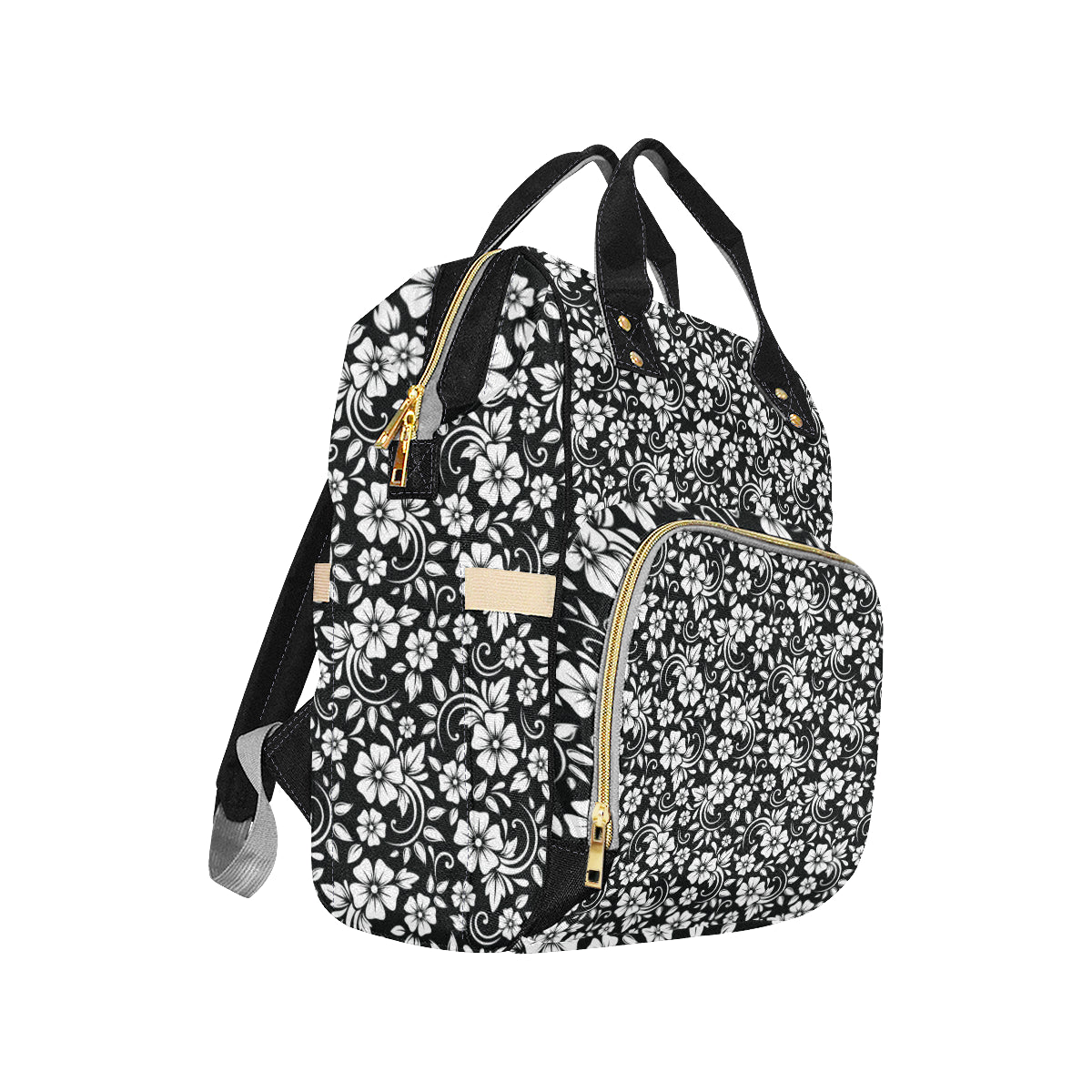 Floral Black White Themed Print Diaper Bag Backpack