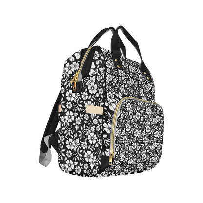 Floral Black White Themed Print Diaper Bag Backpack